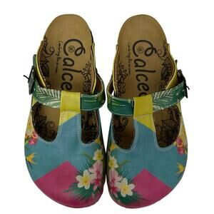 Calceo Comfort Clogs Sz 38(US 7.5–8)Hand Painted Floral Mary Jane Slip On Shoes